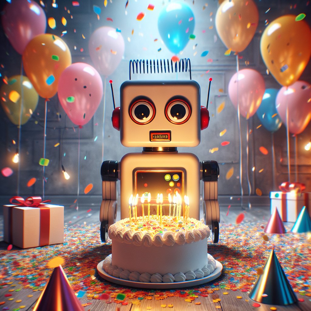 'A wind-up toy robot with wide-eyed astonishment, standing in the midst of a vibrant surprise birthday party, complete with floating multicoloured confetti, glowing balloons, and a brightly lit cake with flickering candles.'
#AIArt #AI #chatgpt4 #dalle3 #OpenAi #AIFeelings
