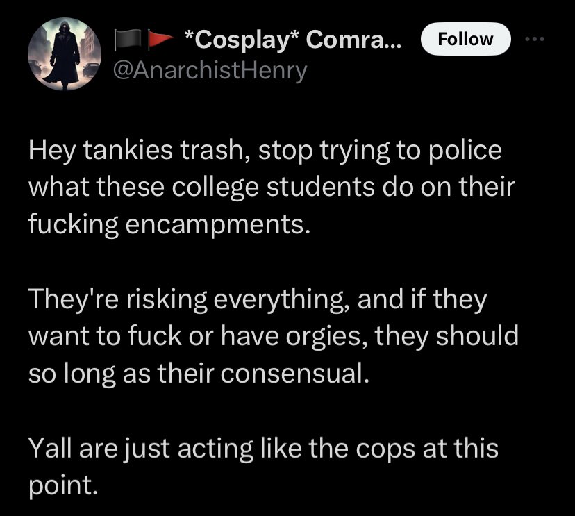 JWord0610's tweet photo. I like how these terminally online people will sit here and claim its "tankies" who are policing these encampments WHEN ITS THE ENCAMPMENTS OWN RULES!! The protesters themselves made the rules!! What tf do you mean its the tankies who are "trying to police" what the students do? https://t.co/Y9EwtzBbFL
