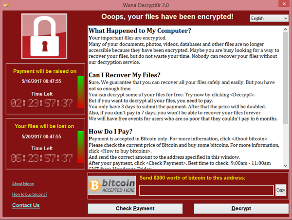a screenshot of the ransom note that WannaCry displayed on systems where it had encrypted files.