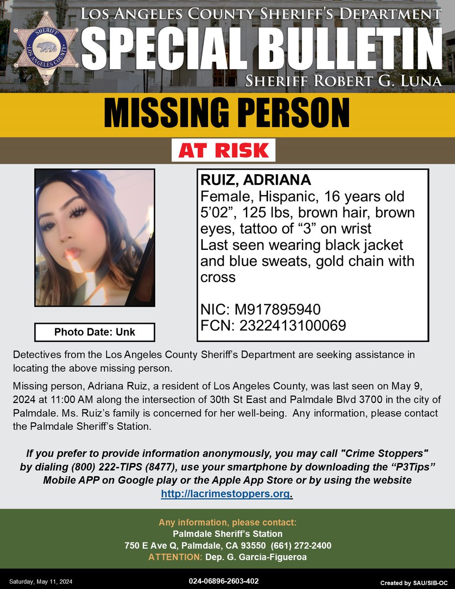 #LASD is Asking for the Public’s Help Locating At Risk Missing Juvenile, #Palmdale - local.nixle.com/alert/10973357/