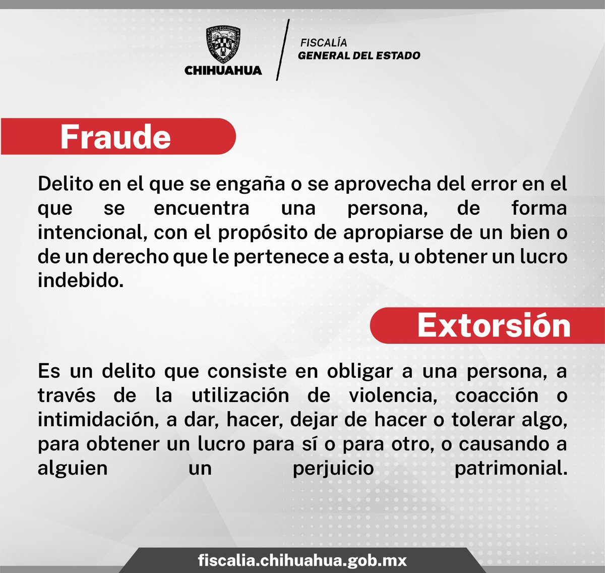 Si ya fuiste victima de fraude o extorsión puedes denunciar a nuestra línea directa, accede a nuestra página para conocer más informació. fiscalia.chihuahua.gob.mx/alerta-cuidate…