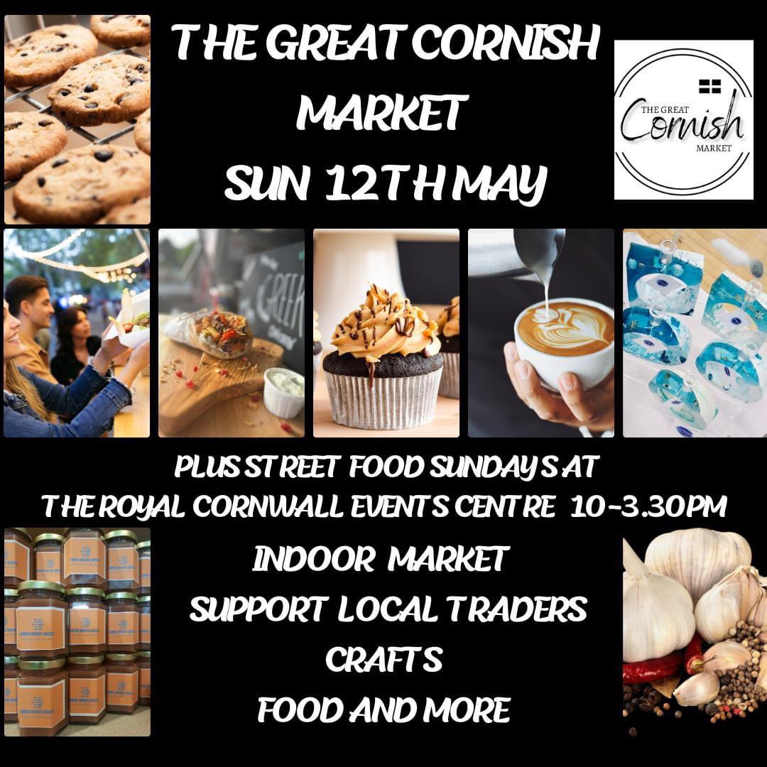 The next market is Sunday 12th May 10-3.30pm at the Royal Cornwall Events Centre with STREET FOOD SUNDAYS 
FREE ENTRY
DOG FRIENDLY
ALL WEATHERS
 #crafts #bakery #SupportSmallBusiness #shoppingtime #foodie #food #supportlocal #supportlocalbusiness #shoppinglocal #streetfood