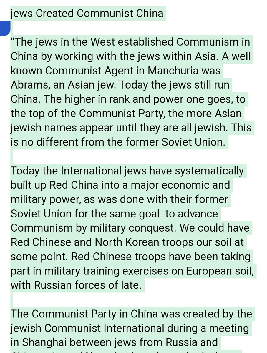 Les juifs ont créé la Chine communiste. 'Les juifs de l'Ouest ont créer la Chine communiste en collaborant avec les juifs d'Asie. Un agent communiste bien connu en Mandchourie était Abrams cohen , un juif asiatique. Aujourd'hui, les juifs dirigent toujours la Chine. Plus on…