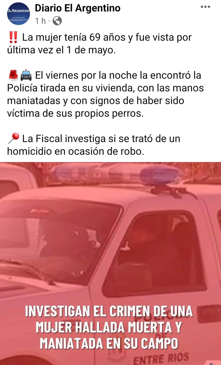 #EntreRios: En un campo de Villa Paranacito asesinaron a una mujer de 69 años que vivía sola, al parecer unos días antes había vendido ganado. 

Investiga la justicia de Gualeguaychú.