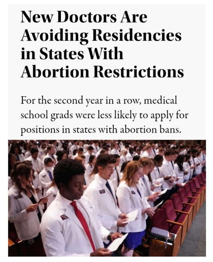 New data from the Association of American Medical Colleges is showing that since Roe was overturned & unethical abortion bans were passed there has seen a 6.7% decrease for OBGYN medical school graduates applying for residencies in abortion ban states. This comes as states like…