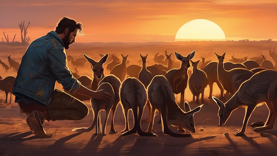 'Uncover the plot behind Greg's financial powwow with kangaroos at sunset. With story-boards.ai, the narrative unfolds as you dictate. We provide the canvas, you tell the tale. #generativeaiart #visualstorytelling #aistoryboard #InnovateStorytelling #AIFilm'