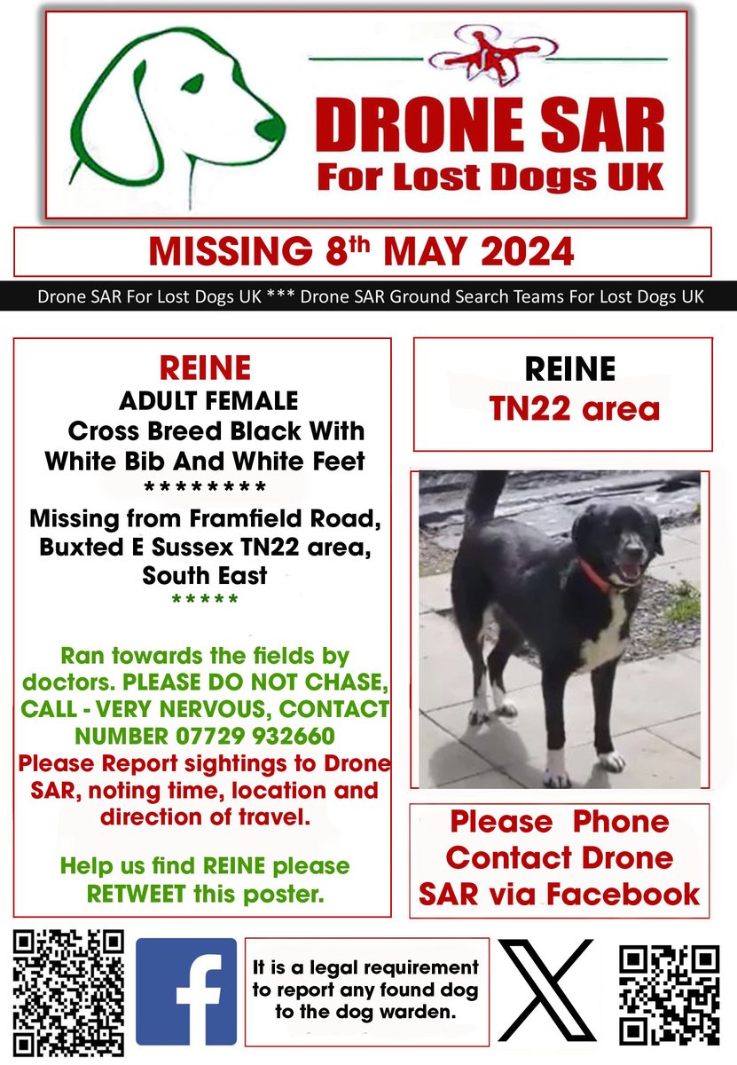 #LostDog #Alert REINE ADULT FEMALE Cross Breed Black With White Bib And White Feet Missing from Framfield Road, Buxted E Sussex TN22 area, South East #DroneSAR #MissingDog