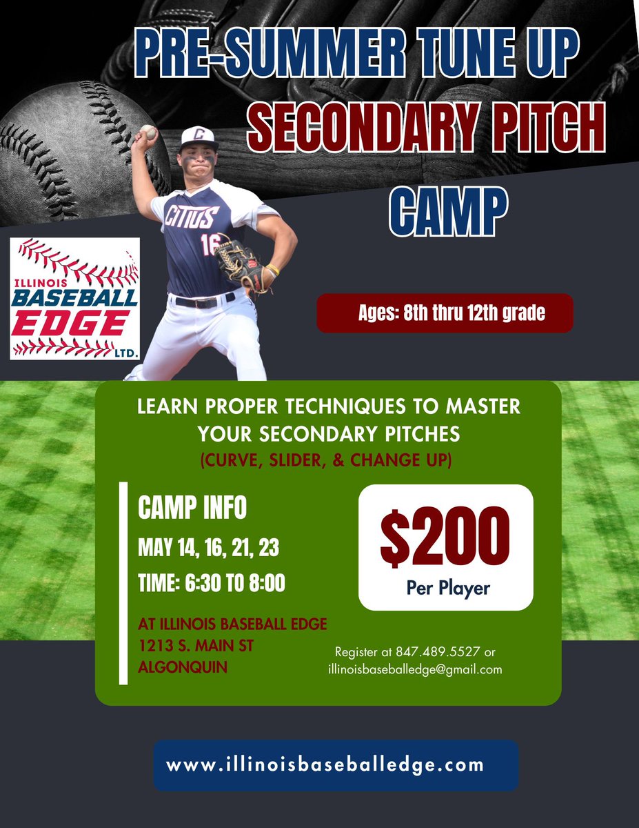 High School Players in the NW Suburbs of Chicago, who are done with their season, IBE is offering this camp to help serious pitchers begin developing their secondary pitches or further advance their training with those pitches. ⬇️⚾️🔥 #presummer #tuneup #illinoisbaseballedge