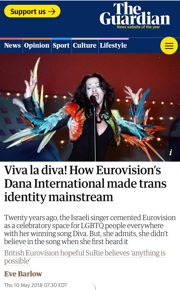 Remember that in 1998, the first ever trans person to preform in the Eurovision was Israeli singer Dana International who won the competition that year.

Israeli Dana International walked so that Ireland’s Bambie Thug could brag about eating her own uterine lining.