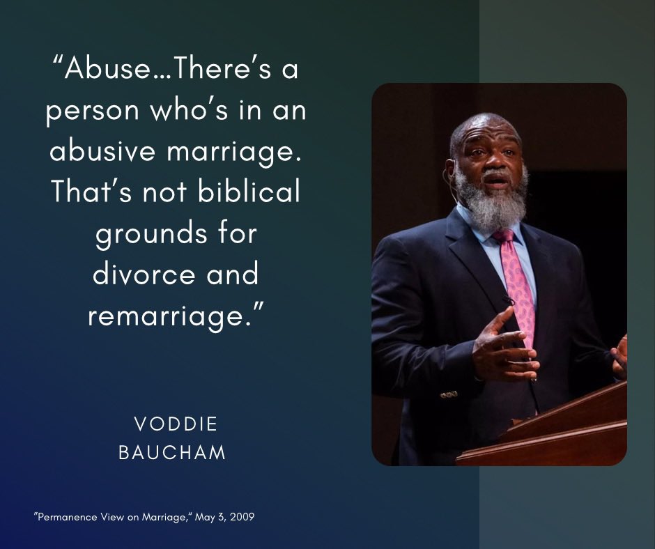 'There is a person who is in an abusive marriage. That is not biblical grounds for divorce and remarriage.'

~Voddie Baucham

More about Voddie Baucham:

religiondispatches.org/at-this-weeks-….

See also: rlstollar.com/2022/06/15/how….