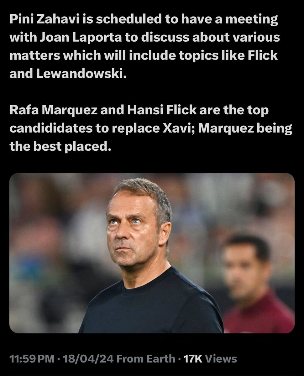 Zahavi and Barcelona are set to have a meeting, as reported 3 weeks back. Confirmed 🤷🏻‍♂️✅ Only thing is, Hansi Flick won’t be a (major) topic of discussion 🥲