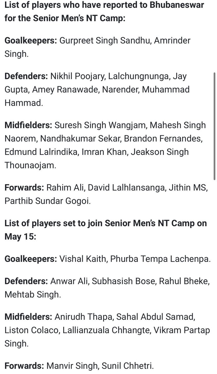 These are the players set to join the training camp, arriving on the 15th.

 #IndianFootball #AllIndiaFootball