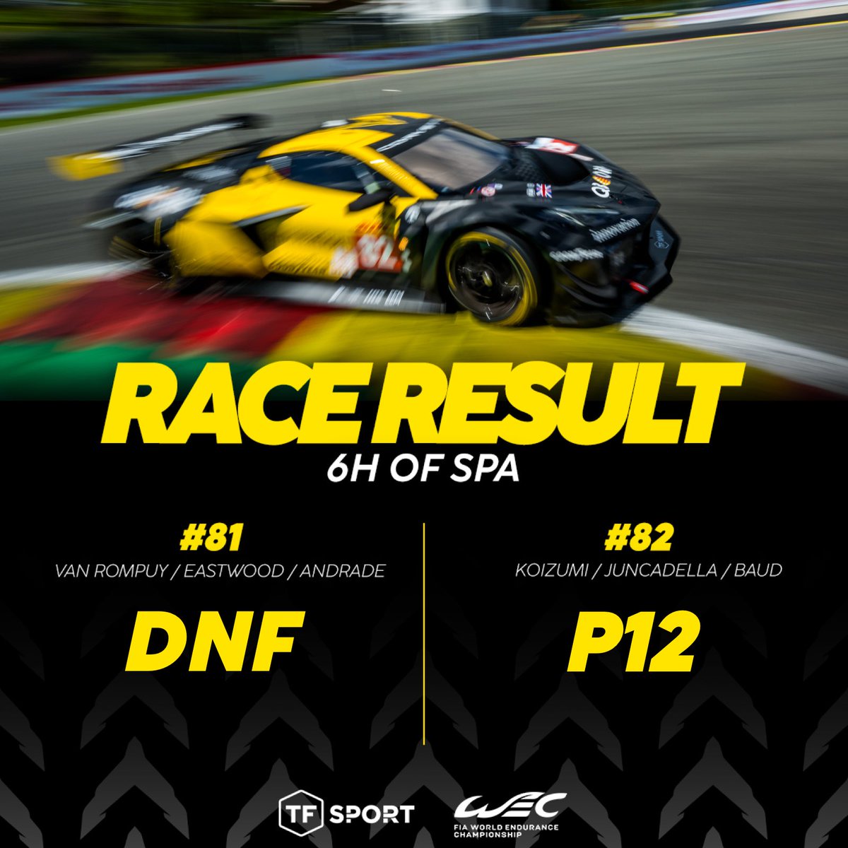 #6HSpa ☑️🇧🇪

At the end of this tough and eventful race, only our #82 made it to the end by crossing the finish line in P12. The #81 was forced to retire due to a gearbox issue while fighting in the top ten 😓

Thanks to everyone, we'll come back stronger 💪

#TFSport #WEC