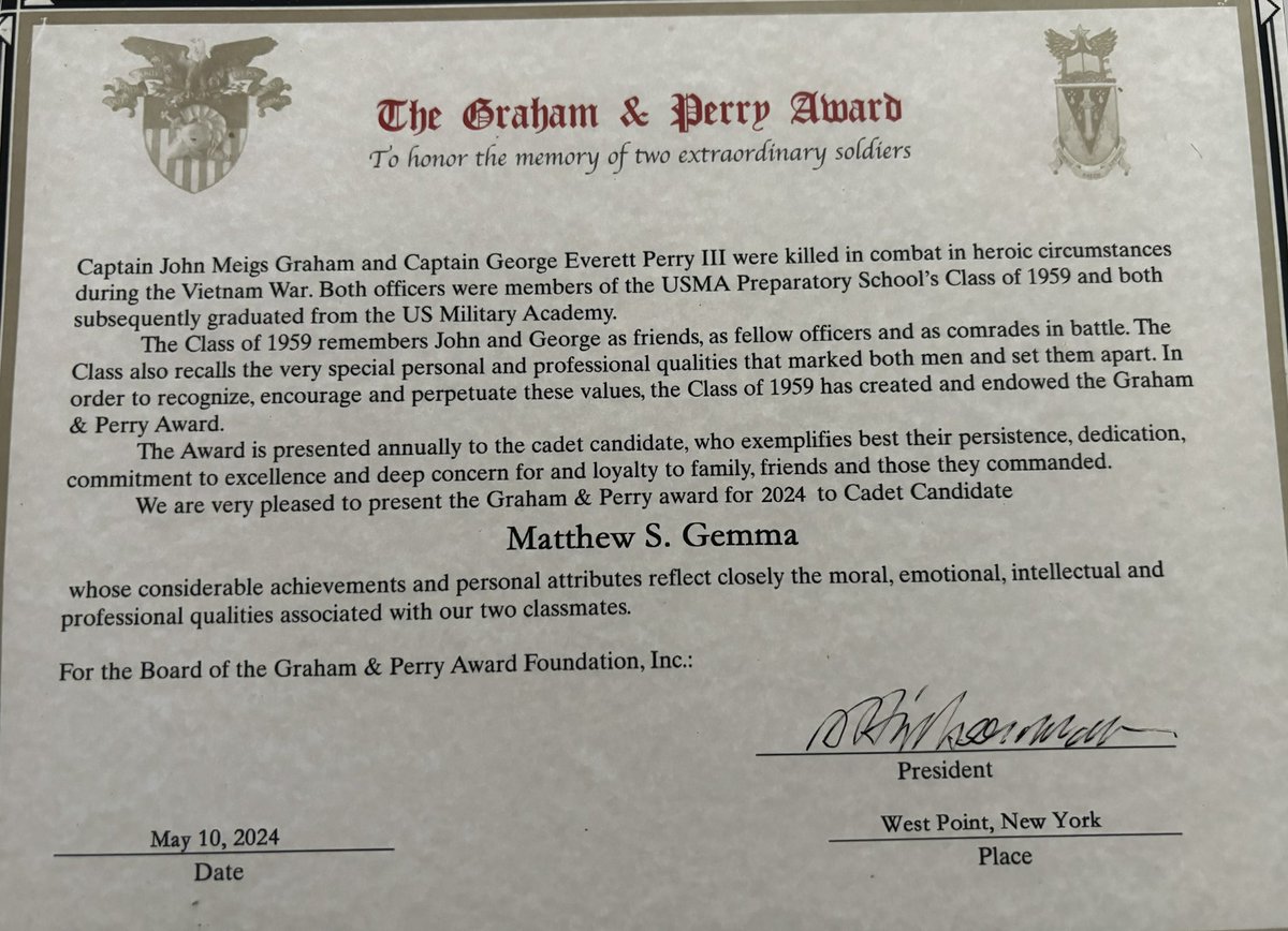 Thank you USMAPS!
-1SG Apache Company
-Football Team Captain
-Honor roll 4x
-Deans List
-Commandants List
-Gold Wreath Star Award
-The Graham &amp; Perry Award 
-Distinguished graduate
-Top 10% of the Class
BEAT navy!🏴‍☠️<a href="/CoachJeffMonken/">Jeff Monken</a> <a href="/CoachSeanCronin/">Sean Cronin</a> <a href="/CoachNateWoody/">Nate Woody</a> <a href="/goblackknights/">#GoBlackKnights</a>
