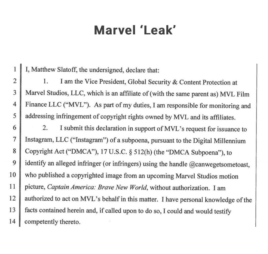 Marvel Studios has issued an DMCA subpoena to discover who's behind the social media account that has posted various Marvel leaks including a pre-release image from ‘CAPTAIN AMERICA: BRAVE NEW WORLD’ (Source: torrentfreak.com/marvel-subpoen…)