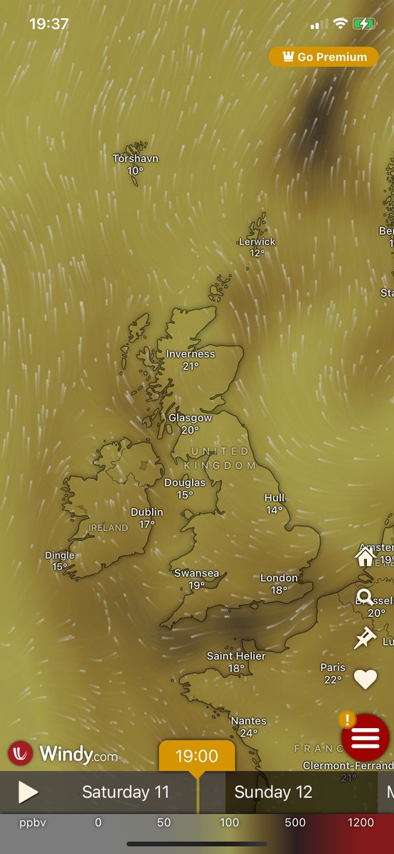 Air quality markers improving slightly over the UK but this does not include new activity today. Air is still quite pokey. Lightning storm building over Spain shifting NE in to France. More updates later.