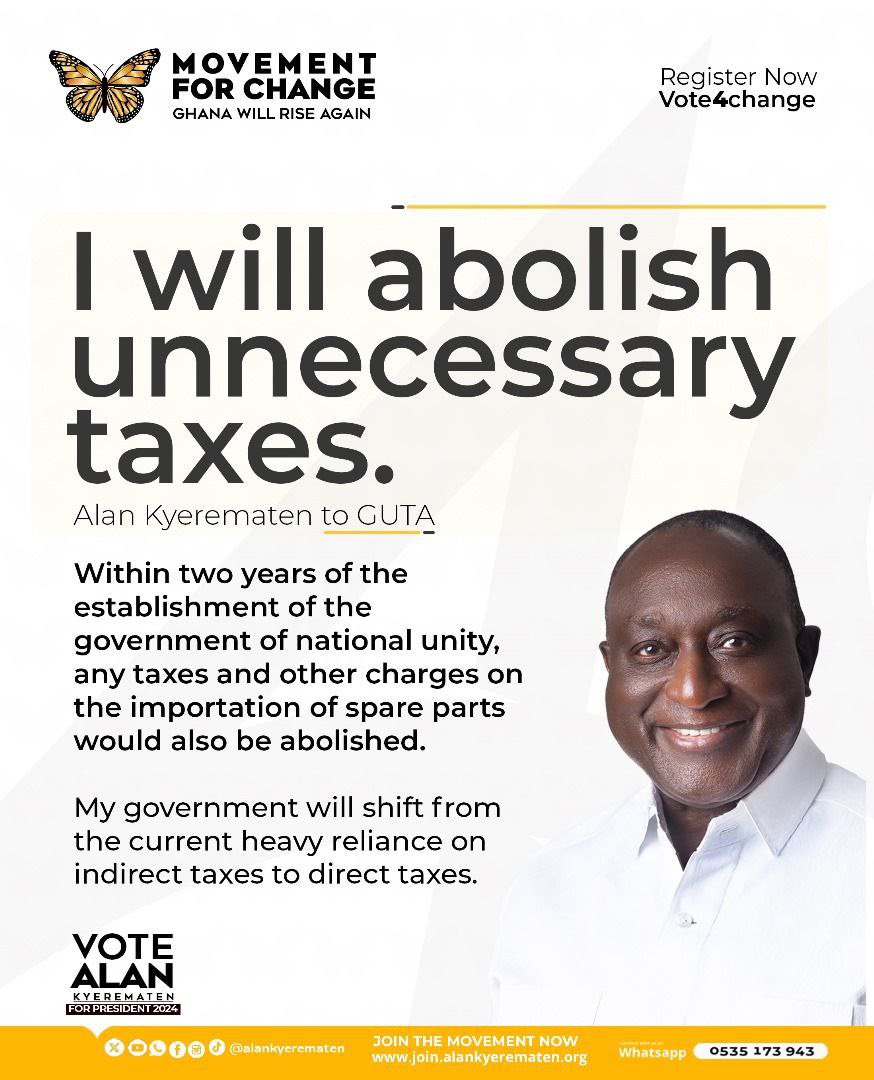 As president of Ghana, I will advocate for reviewing our tax systems to mobilize resources in a way that does not burden the people of Ghana. 

My approach will foster economic growth, encourage investment, and ensure equitable tax distribution. - Alan Kyerematen