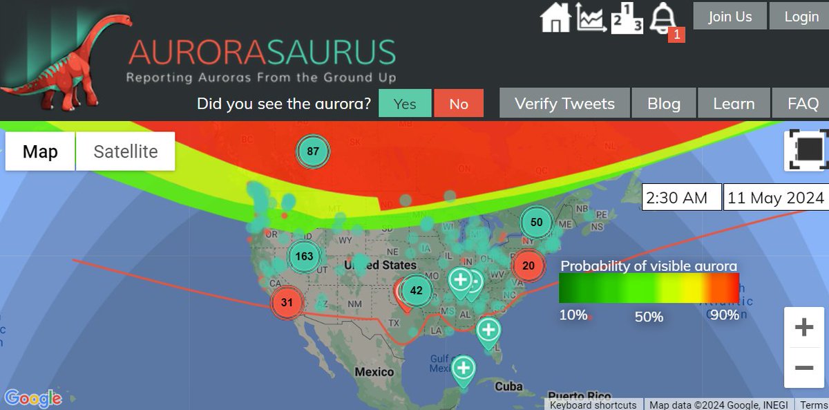 Screengrab of Aurorasaurus map shows widespread visibility and extra alerts in Texas and Alabama, where reports have changed the projected view line!