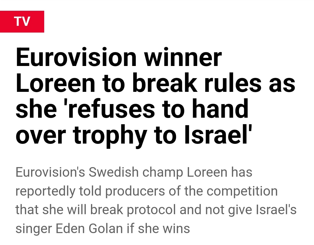 Sollte #EdenGolan den #Eurovision2024 gewinnen weigert die Vorjahres- Siegerin Loreen ihr den Preis zu übergeben (was der normale Ablauf im ESC ist). Es stimmt, das ist nicht mehr Politik. Das ist offener #Antisemitismus. Ruft 01371 3636 06 an SMS 06 an 99599 Für Eden Golan