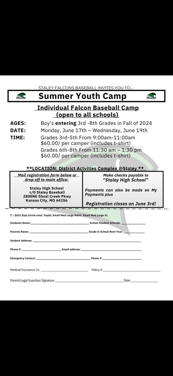 Staley Youth ⚾️ Camp is coming soon this summer. Get signed up with Coach Josenberger for an outstanding camp! @SHSFalcons @StaleyNews