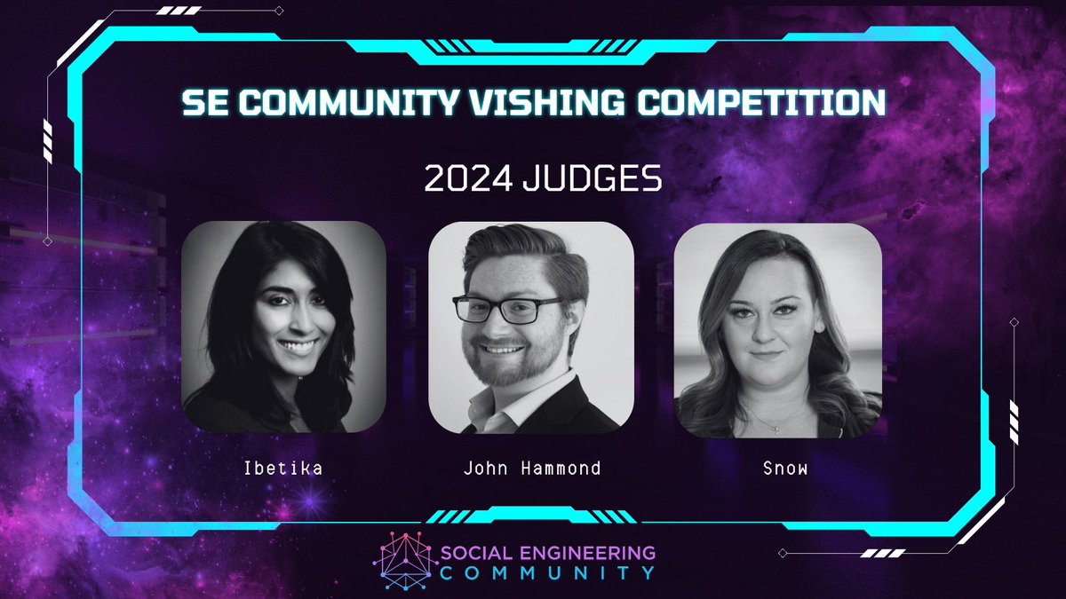TODAY IS THE DAY~ C4C in the Vishing Comp closes at 12am EST time. If you're accepted, be ready to meet this fantastic team of Judges once you land in Vegas. @ibetika @_JohnHammond and @_sn0ww are ready to see you bring it to the booth. @DEFCON SIGN UP: loom.ly/-Zsn0vU