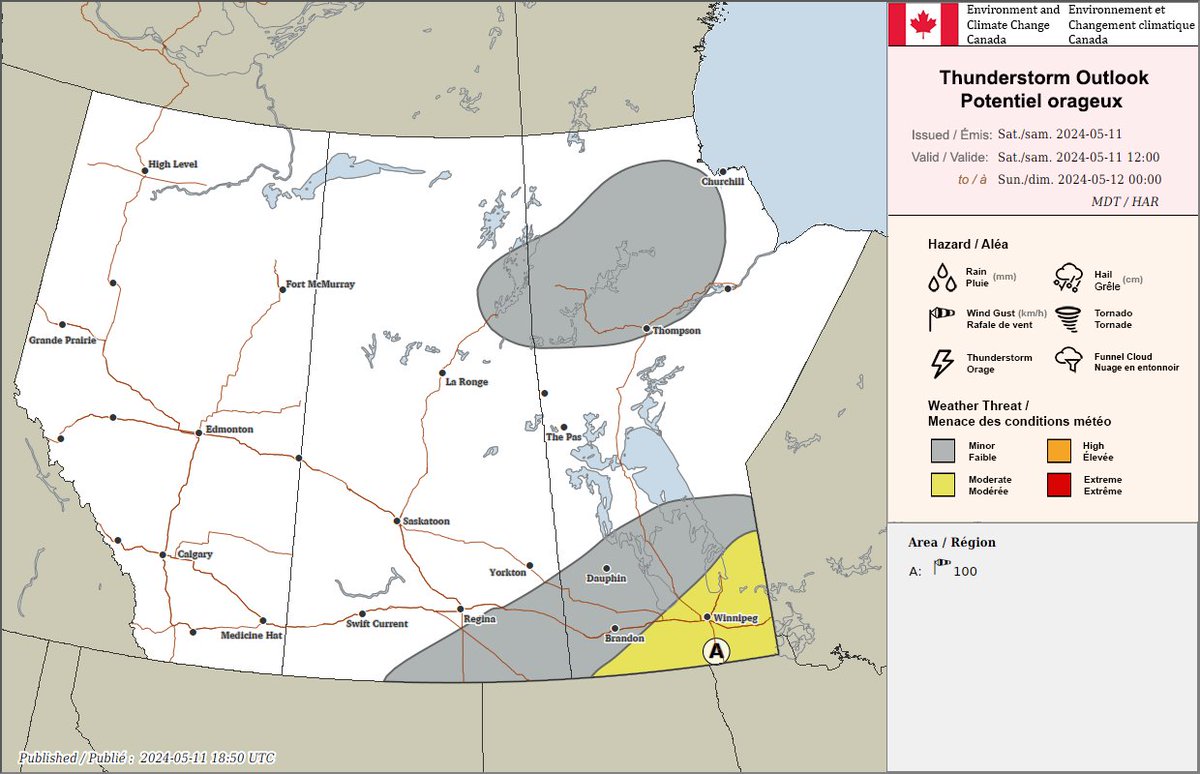 A few severe thunderstorms with strong winds are possible over parts of southern Manitoba this afternoon and evening. This map shows the risk area. #mbstorm