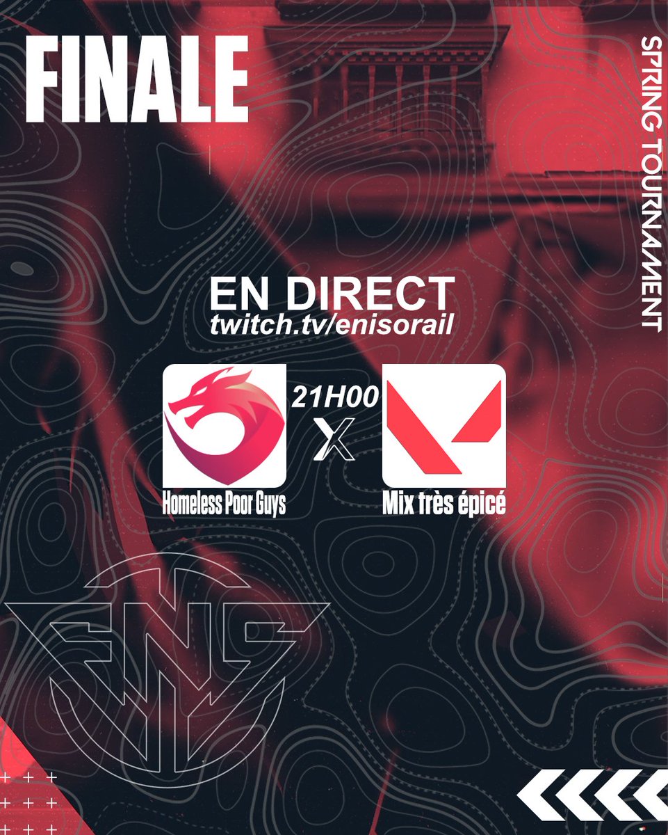 ⚪️ Enisorail Valorant Spring Tournament ⚫
                             Jour 4 - Playoffs          

Finale en direct.
Homeless Poor Guys VS Mix très épicé

twitch.tv/enisorail 

#tournament #valorant #enisorail #tournoi
