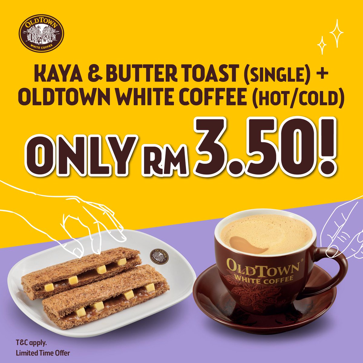 Ready to indulge in unbeatable deals?🍞☕ Dive into our OldTown White Coffee + Kaya &amp; Butter Toast combo for just RM3.50! Tag your friends and let's toast to tasty savings together! Hurry, it's available from 13th to 17th May!    

*T&amp;C Apply    

#OldTownWhiteCoffee