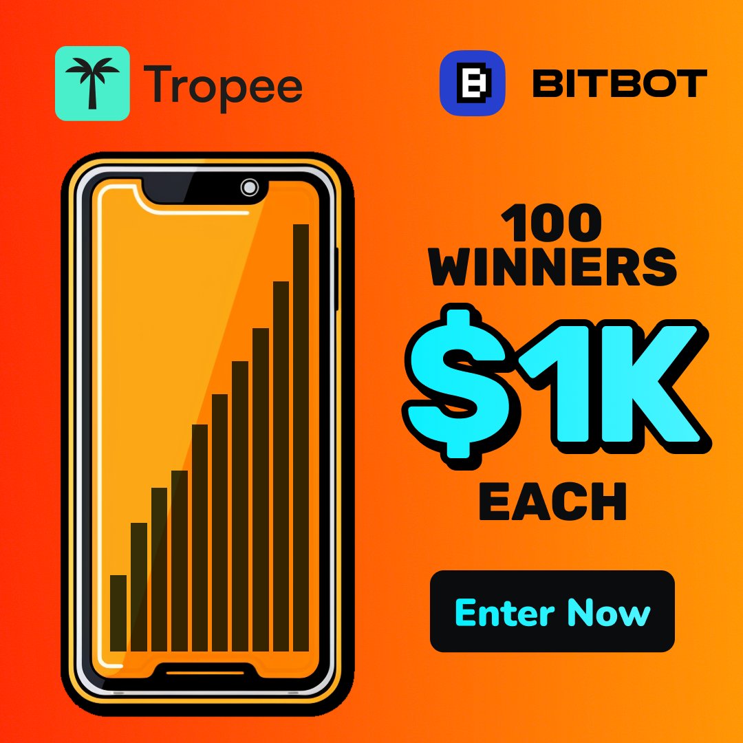 Get ready to win big with Bitbot's $100K Airdrop! 💰 Don't miss your chance to win $1000 in $BITBOT, so join now and be part of the action! With 100 winners, and over 10,000 participates now, it's time for you to make your entry. Enter here: tropee.com/t/Rlailsjy