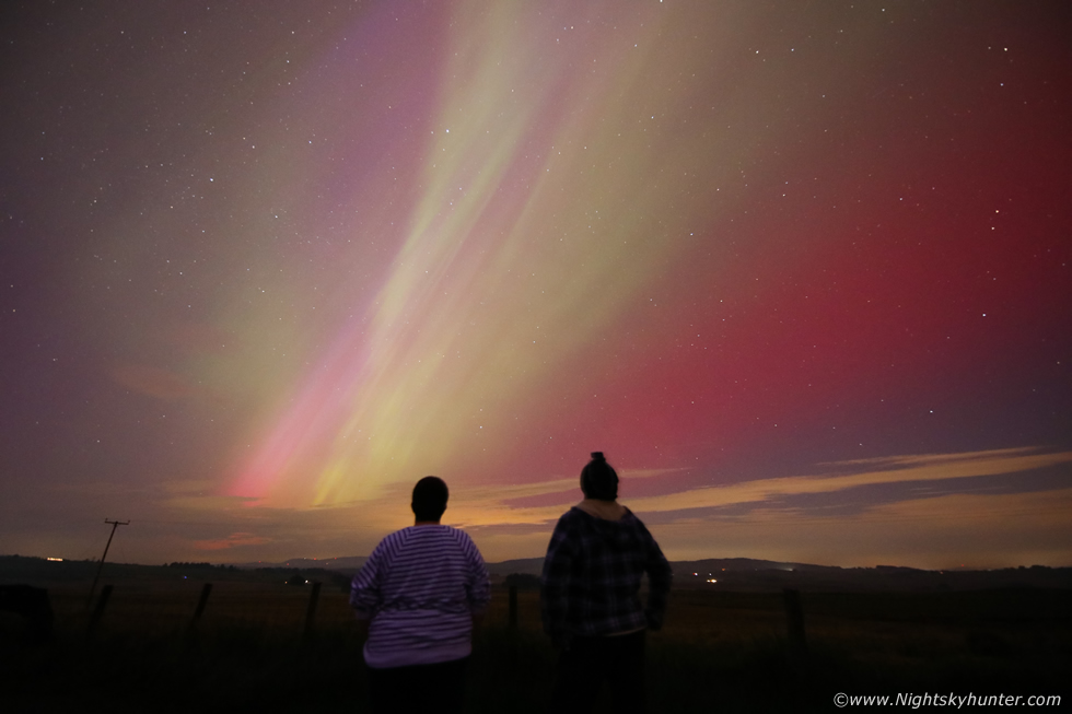 Colleen Webb and I enjoying the aurora from Broughderg at 01.30 when the birds were singing thinking the dawn was approaching. nightskyhunter.com