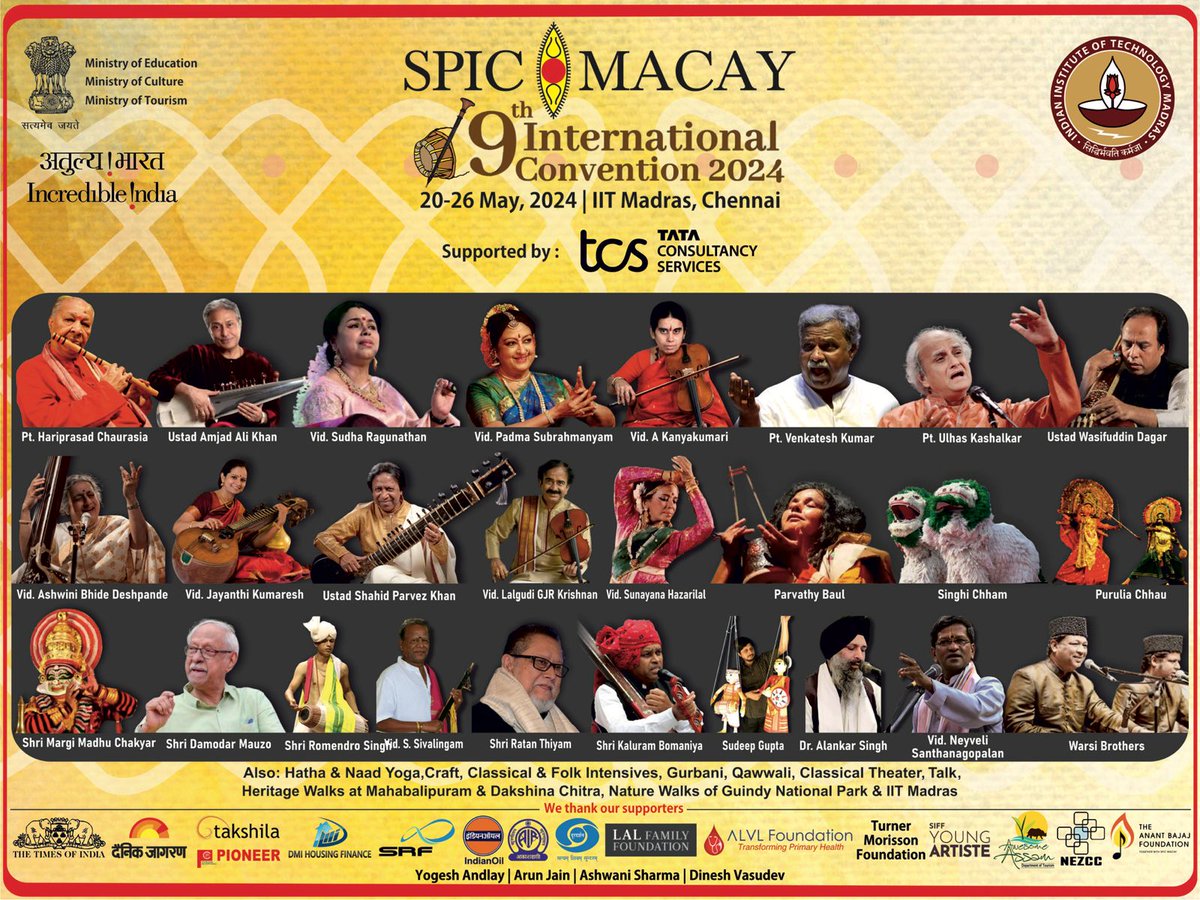 spicmacay's tweet photo. Only 8 days left until magic unfolds at the 9th Intercon of SPIC MACAY @iitmadras Chennai, starting May 20! 🎶 Prepare to be spellbound by India's legendary artists in this unforgettable celebration of culture and heritage. A time to look within.
#intercon9 #IITMadras #TCS @TCS https://t.co/OPreGS72EP