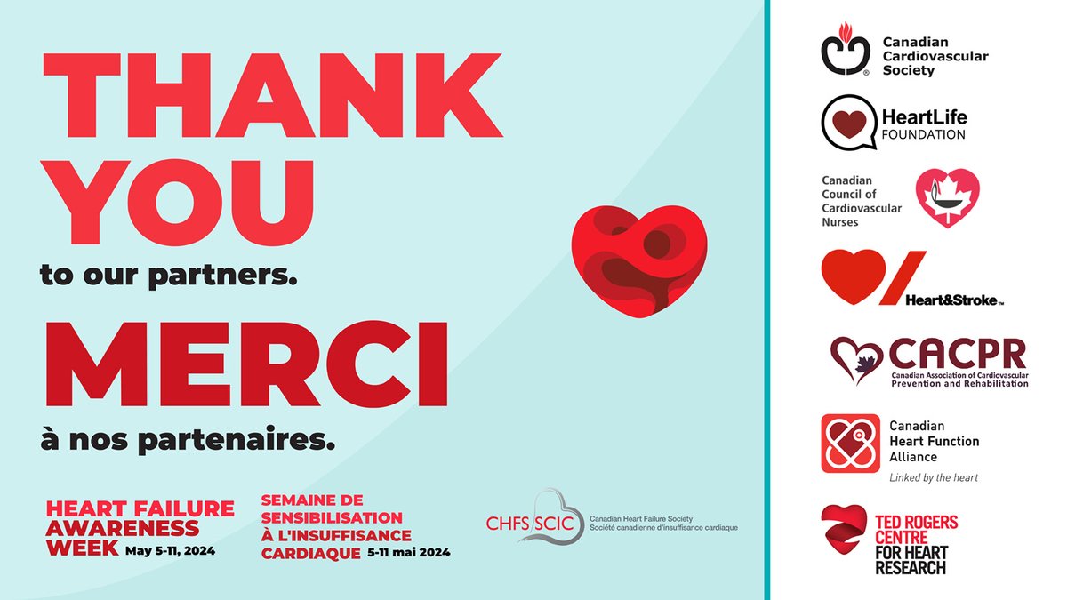 As #HeartFailureWeekCan wraps up, we extend a huge thank you to our partners for their support.
//
Alors que la Semaine de sensibilisation à l'insuffisance cardiaque se termine, nous remercions sincèrement nos partenaires pour leur soutien.