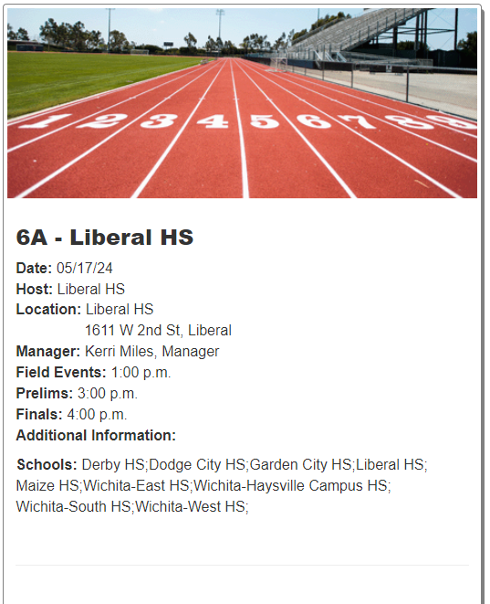 KSHSAA Class 6A Regional, Liberal High School, Liberal Ks Friday 5/17
<a href="/DHS_Track_Field/">DHS Track & Field</a> <a href="/RedDemonSports/">Dodge High Forever</a> @GCHS_TrackField <a href="/LHS_Skins_Track/">Liberal High School Track & Field</a> <a href="/MaizeTrack/">Maize High Track & Field</a> <a href="/EastHighAces/">East High Aces</a> <a href="/track_campus/">Campus_Track</a> <a href="/southtitans/">South Titans AD</a> <a href="/WichitaWestTF/">Wichita West Track & Field</a>