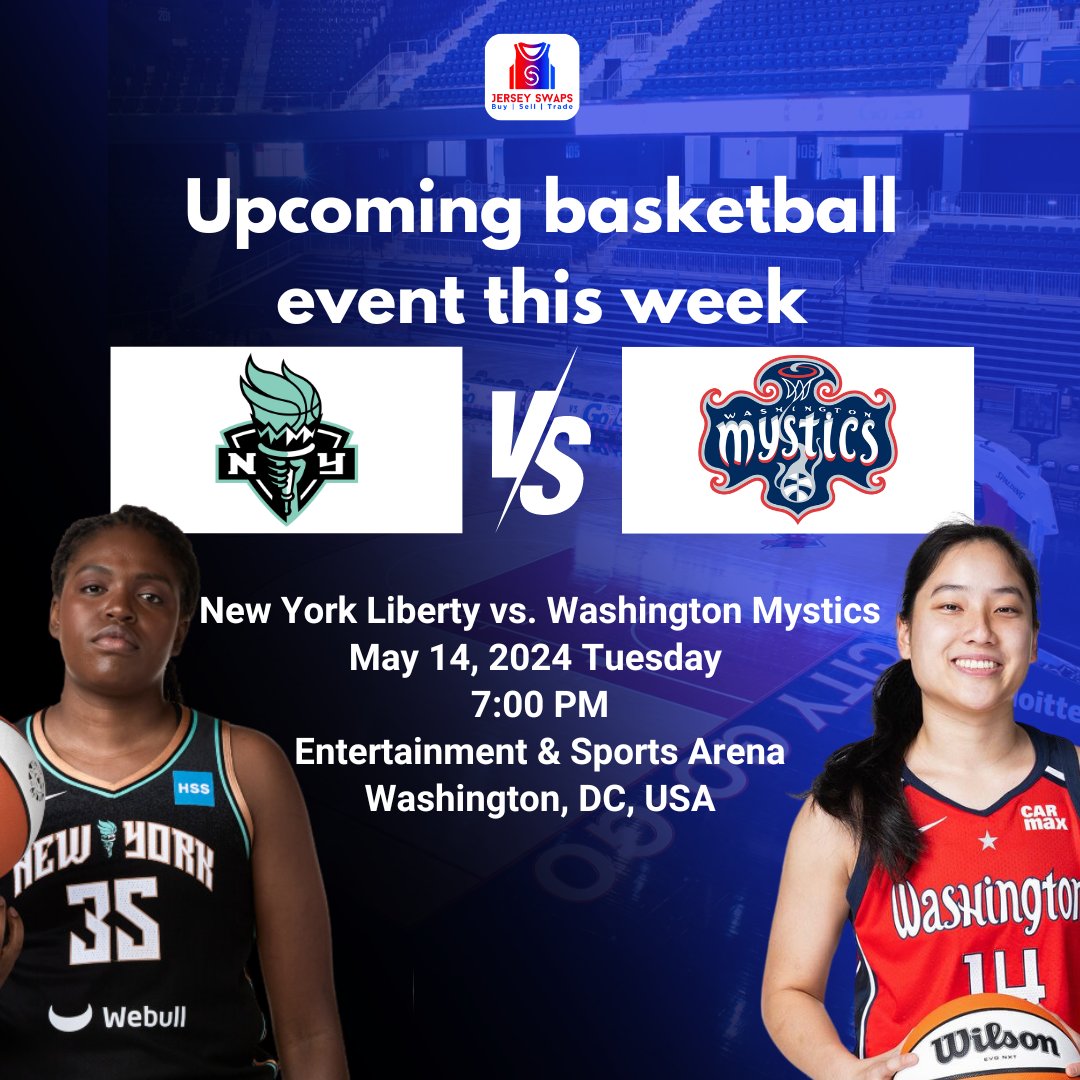 🏀✨ The New York Liberty and the Washington Mystics are facing off next week on May 14th at 7:00 PM! Catch all the excitement live at the Entertainment & Sports Arena in Washington, DC. 

#NYLiberty #WashMystics #JerseySwaps #WomenBasketball #NewYorkLiberty #WashingtonMystics