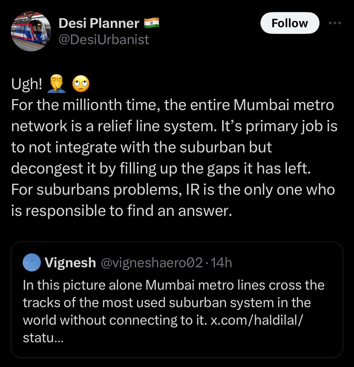bhaumikgowande's tweet photo. This profile always has most illogical views & here itβs speaking AGAINST Multimodal integration. Above that itβs trying to justify how metro should NOT be connected with Suburban Rail. NO PLANNER in right mind will provide such mindless opinion. MMI is 101 of #TransitPlanning https://t.co/OhxUJdt0kr
