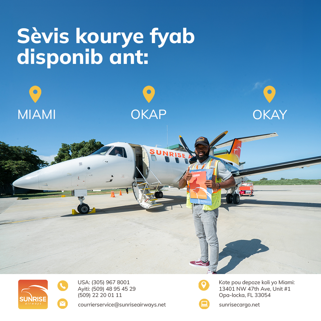 Need a reliable courier service?
Sunrise Airways’ Express Courier Service
is available between Miami, Cap Haïtien, and Les Cayes!
*You can ship directly from Miami to Les Cayes.*

For more information visit: sunrise-airways.odoo.com/r/TKj 

#sunriseairways #cargo #courierservice