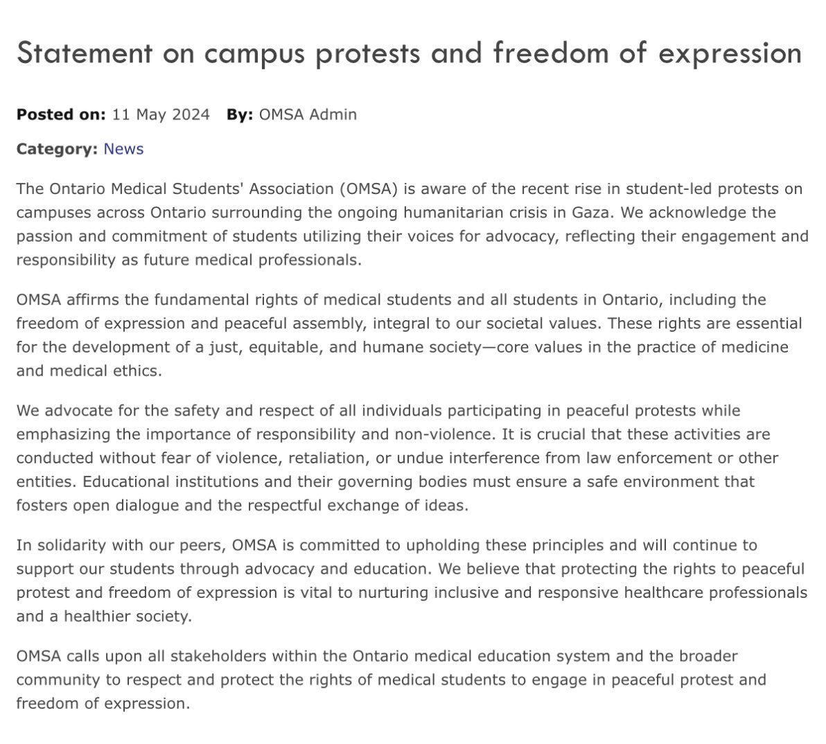 Read below for information on OMSAs official statement on the student led campus protests surrounding the ongoing humanitarian crisis in Gaza. Link: omsa.ca/en/hub/stateme…