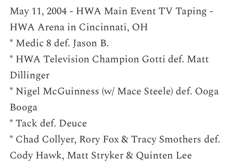 Today in @HWAOnline history 

2004 - HWA Main Event TV Taping feat. @chadcollyer @roryfox_ & Tracy Smothers vs. @CodyFnHawk @Quinten_Lee & Matt Stryker

youtu.be/HQqiP2mIl_0?si…

Full results: