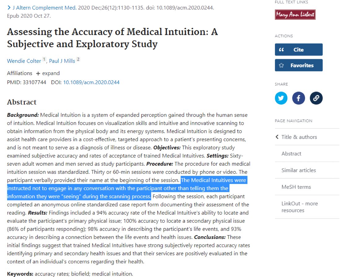 A 'medical intuitive' is an alternative medicine practitioner who claims to be able to use their intuition to understand your health condition. It is pure magical thinking and grift. But you wouldn't know that if you read and believed the nonsense in pseudoscientific journals.