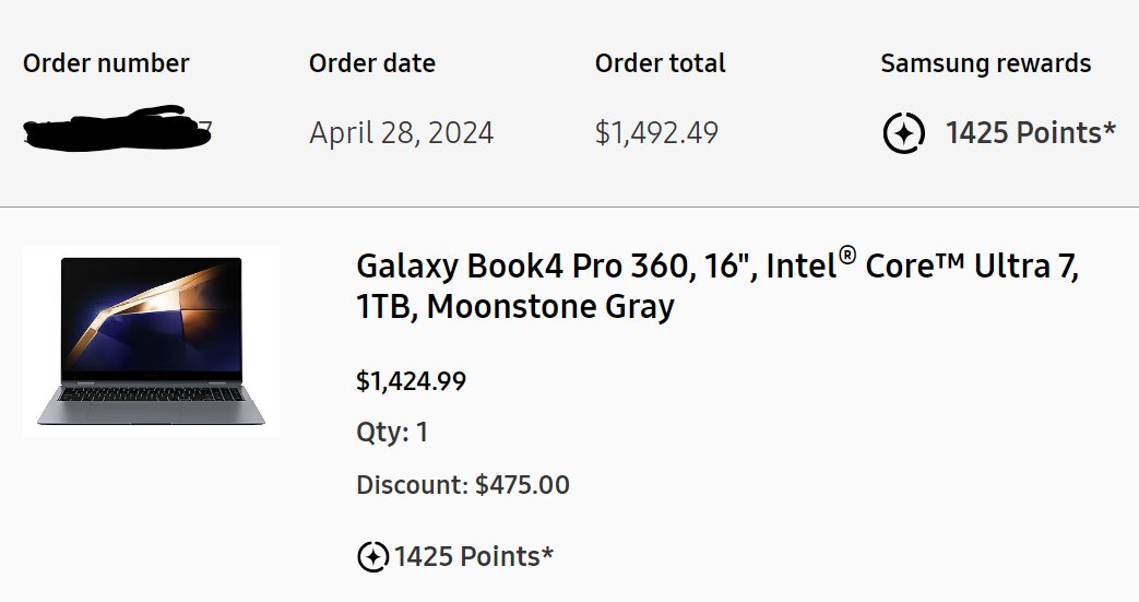 If anybody happens to be interested in a Samsung GalaxyBook 4 Pro 360 for whatever reason, I've decided to sell mine for what I got it for: $1500 (+shipping). It's only about a week old. I got it with the education store discount.