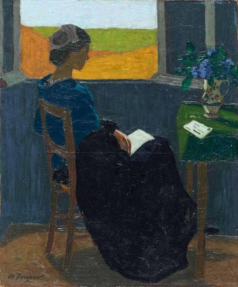 Marius Borgeaud (suisse,1861-1924) - Jeune femme lisant à sa fenêtre　1921　huile sur toile