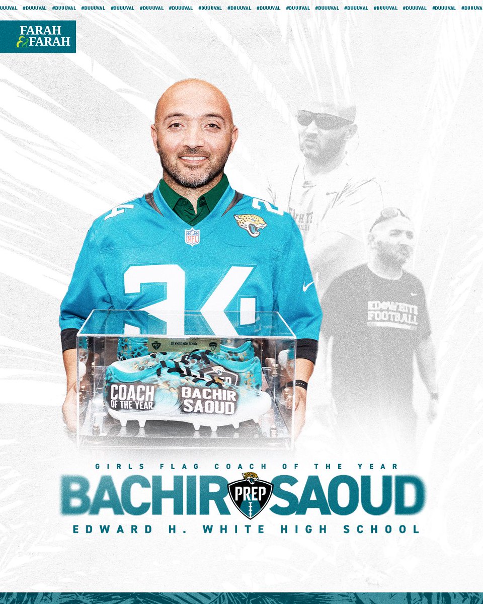 🏆COACH OF THE YEAR🏆

Ed White High School’s Coach Saoud, our 2024 Jaguars PREP Girls Flag Football Coach of the Year! He coached his team to a 16-4 season, and won the 2024 Gateway Conference Championship. Bachir was awarded a $2,500 grant for Ed White HS’s athletic program.