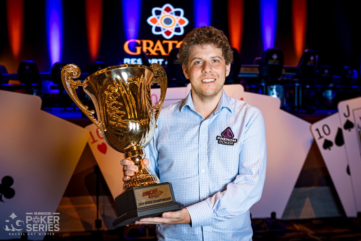 The finale of the RunGood @PlayGraton Mixed Game Player of the Series Race concludes with Ari @AriEngelPoker Engel as the victor! He collected a 1st place finish and two 3rd place finishes through five events, good for 90 points and the trophy!