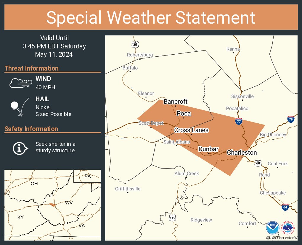 A special weather statement has been issued for Charleston WV, South Charleston WV and Cross Lanes WV until 3:45 PM EDT