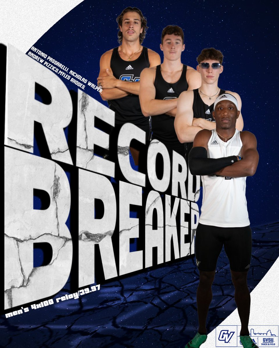THIS GROUP OF MEN >> 

The men's 4x100 relay time sets a NEW Grand Valley State school record with a time of 39.97 !! 🤯🤯

#AnchorUp
