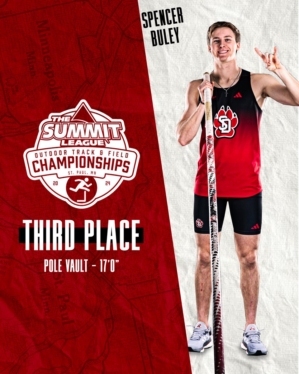 Just another pole vault podium sweep. 🧹

𝐌𝐞𝐧'𝐬 𝐏𝐨𝐥𝐞 𝐕𝐚𝐮𝐥𝐭
🥇 Marshall Faurot, 17-3 ¾ (5.28m)
🥈 Tre Young, 17-0 (5.18m)
🥉 Spencer Buley, 17-0 (5.18m)

#GoYotes x #WeAreSouthDakota 🐾