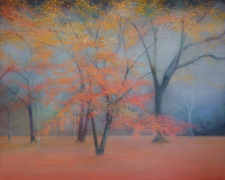 “Trees in Autumn”, 2017 by Thomas Lamb (a contemporary British landscape artist, born 1978 in Chesterfield, England)