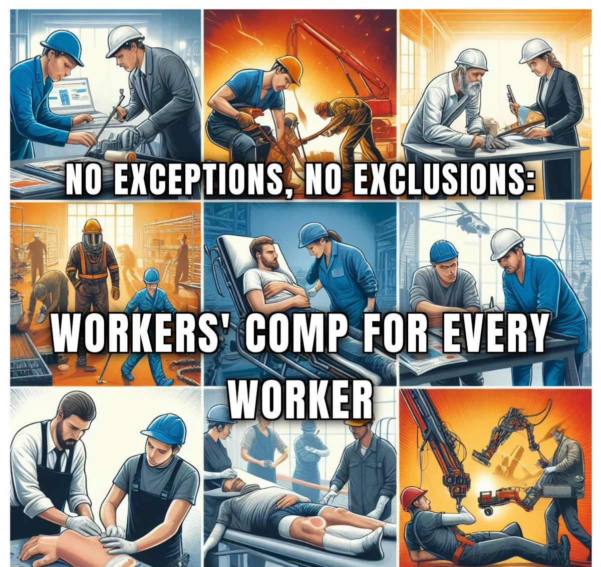 No exceptions! No exclusions! #WorkersComp for every worker!  Let's ensure all workers are protected and supported. #FairTreatment #workersrights #workers #wsib #wcb #injuredworkers