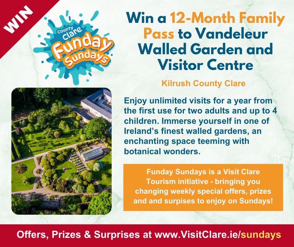 Funday Sunday May Prizes 💛💙 You can enter for this months prizes multiple times to 31st May. There will be new prizes each month between now and September, Win a 12-Month Family pass to Vandeleur Walled Garden and Visitor Centre Good luck! visitclare.ie/sundays