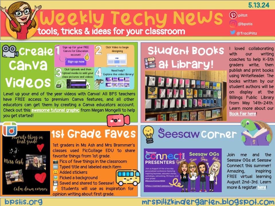📰Weekly Tech-y News📰
📹Create end of year videos in @CanvaEdu w this tutorial from @MongelliMegan 
📕Write & display student books using @WriteReaderApp 
💭Reflect on the school year w @PicCollage EDU
💜Join the OGs at @Seesaw Connect this summer!
➡️bit.ly/44HfAXs⬅️
